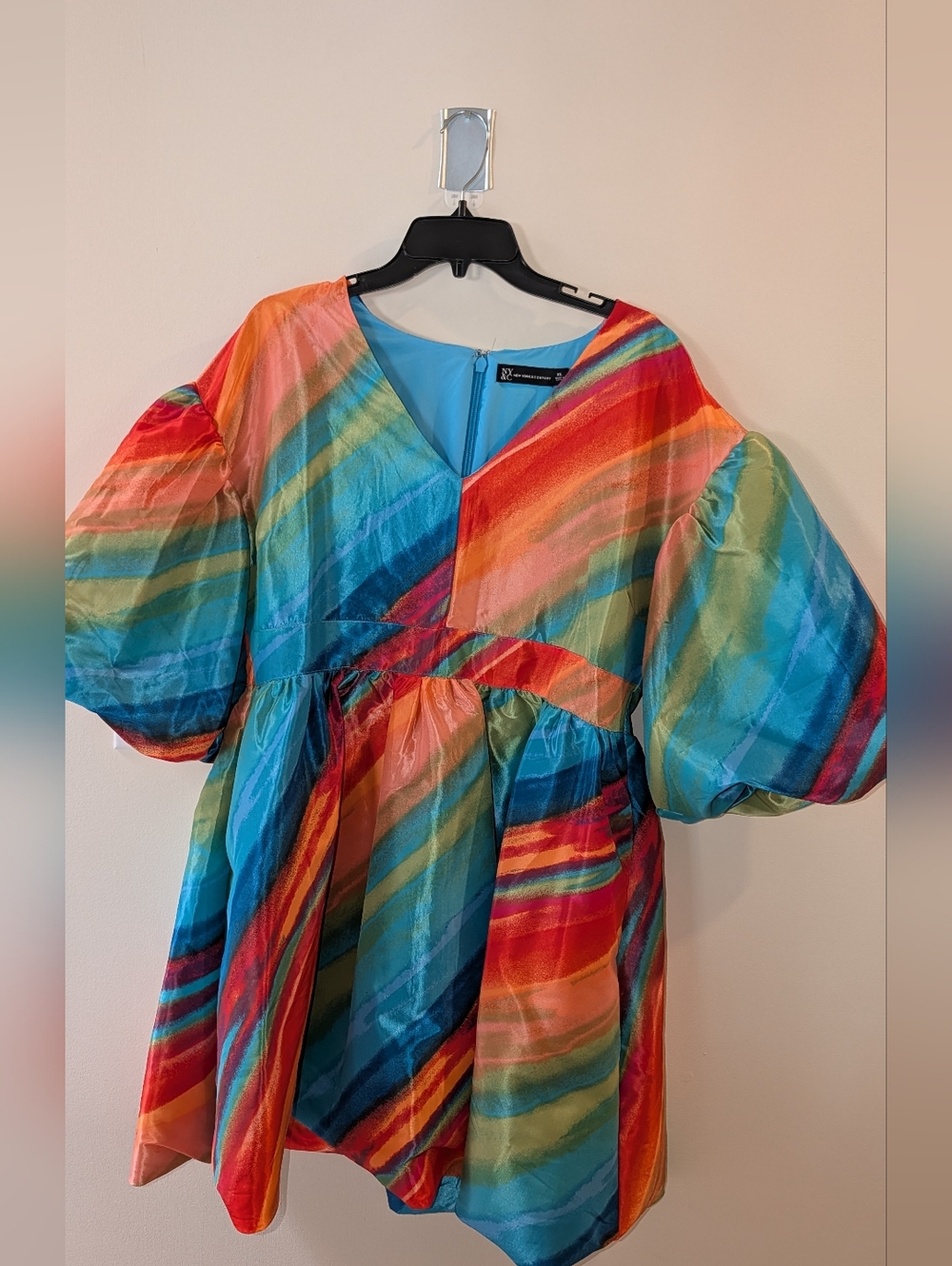 NY&Co. Puff Sleeve V-Neck Mini Dress - Multicolor Stripes